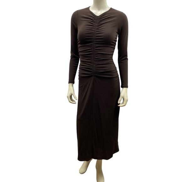 MICHAEL KORS $145 Brown Ruched Long Sleeve Midi‎ Dress With V-Neckline SM NWT - Picture 2 of 12